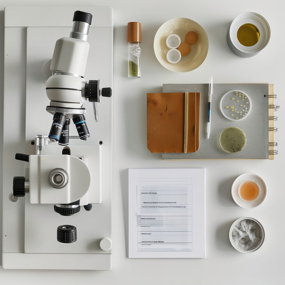 Banco di laboratorio con microscopio, campioni di materie prime e documentazione per il PIF cosmetico e la relazione sulla sicurezza